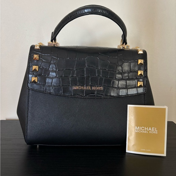 Michael Kors Black Croc-Embossed Satchel with Gold Studs - Picture 1 of 4